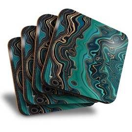 Destination Vinyl ltd Great Coasters (Set of 4) Square - Teal Aqua Marble Effect Ink Art Drink Glossy Coasters/Tabletop Protection for Any Table Type #21845