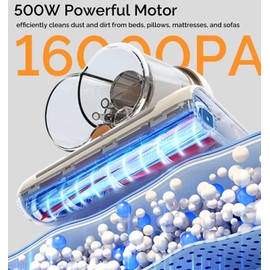 Lumcrissy Vacuum Bed Cleaner, 500W, 16Kpa Suction, HEPA Filter, UV-C Light, 30000 RPM Brushroll, Ultrasonic Tech, Widened Suction Port, Corded