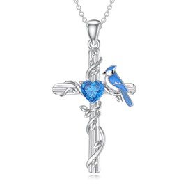Reaii Blue Jay Necklace for Women 925 Sterling Silver Natural Swiss Blue Topaz Blue Jay Cross Pendant Our Love Never Dies Bird Jewelry Gifts for Mom Wife