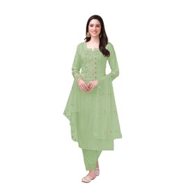 TRENDMALLS Women's Cotton Embroidery Salwar Suit Set Kurta Pant with Dupatta (G103-Green-M)