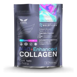 ETERNAL NUTRITION Péptidos de Colágeno Hidrolizado Bovino Reforzado con NAD+ | Colágeno Tipos I, II y III (500 g · 50 Porciones) | con Precursores NAD+ | Piel, Articulaciones, Huesos y Longevidad