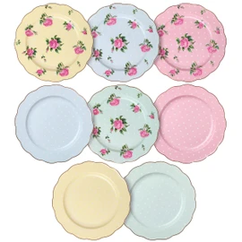 BTaT- Porcelain Floral Plates Set of 8, 8 Inch, Assorted Pastel Colors with Golden Rim, Floral Dessert Plates, Spring Dinnerware, Dishwasher & Freezer Safe