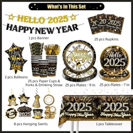 Wellspar 170pcs Happy New Year 2025 Tableware Set, New Years Eve Decorations Include Happy New Year Banner New Years Tablecloth New Years Plates 2025 New Years Eve Party Supplies for 25 People