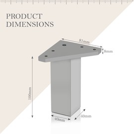 Kukicu Furniture Feet - Legs for Furniture - Set of 4 - Colour: Aluminium - Height: 100 mm - Square Profile: 40 x 40 mm - Screws Included