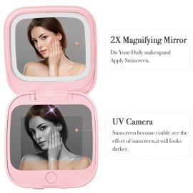 HiPai Travel Compact Mirror with UV Camera for Sunscreen Test,1x/2x Magnifying Mirror with LED Lights,Handheld 2-Sided Brightness Dimmable,Portable Makeup Mirror for Handbag Pocket,Pink