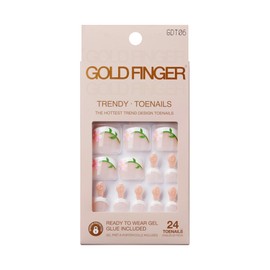 GoldFinger 24 Pcs Press On Toenails, Ready to Wear Fake Nails, Flower French Tip Gel Stick On Extensions, Reusable Pedicure False Nail Kit with Glue, Cuticle Stick & File, 7 Day Long Lasting Wear
