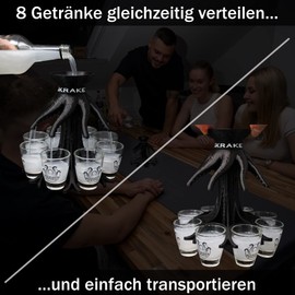 Schnapskrake ® - The Original - Drinks Distributor for 8 People - 18th Birthday Gift - Bar Butler - Pourer (Black, Includes Glasses)