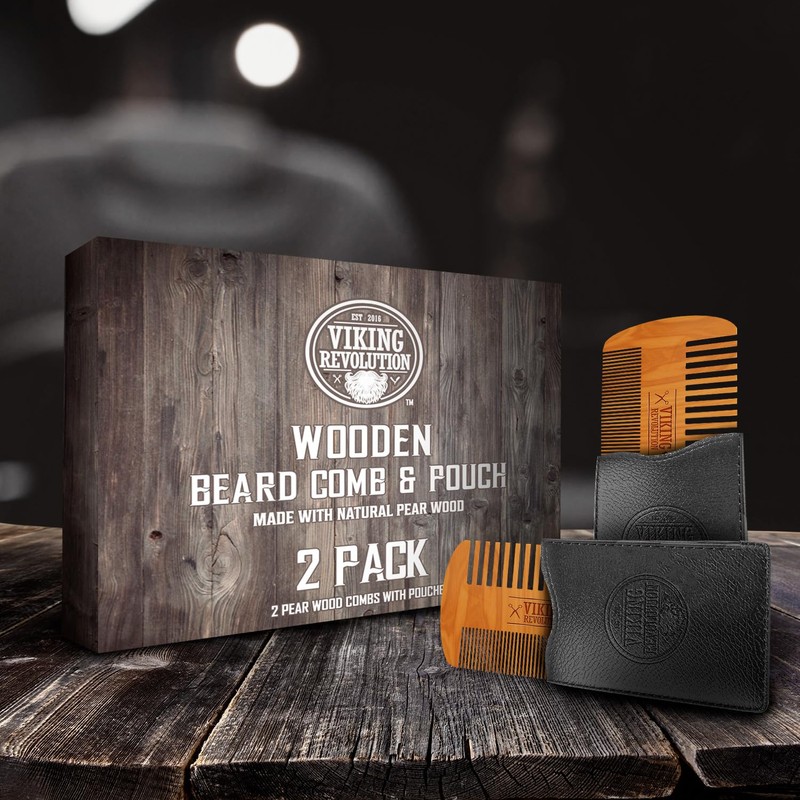 Viking Revolution Wooden Beard Comb & Case, Dual Action Fine