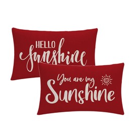 7COLORROOM 2Pack Farmhouse Decor Pillow Covers Hello Sunshine/You are My Sunshine Rectangular/Waist Cushion Covers Spring Summer Red Home Decorations Lumber Pillowcases 12" X 20" (Red)