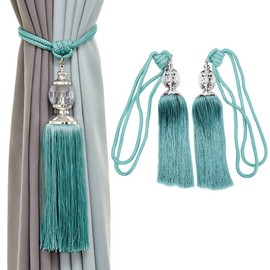 Curtain Tiebacks Tassel Rope Ties Back Crystal Beads Ball Curtain Holdbacks for Drapes Home Decoration Curtain Drapery Holders Hooks 2 Pack (Peacock Blue)