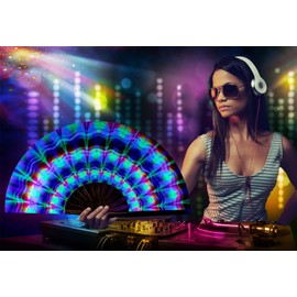 Amajiji UV Glow Rave Folding Hand Fan for Festivals/DragQueen/Burlesque, Large Clack Festival Hand Fan Rave Accessories for WomenWomen/Men (Trippy)