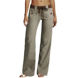 Flamingals Low Rise Cargo Wide Leg Pants for Women Drawstring Flap Pockets Y2K Bow Tie Casual Flare Pants Khaki M