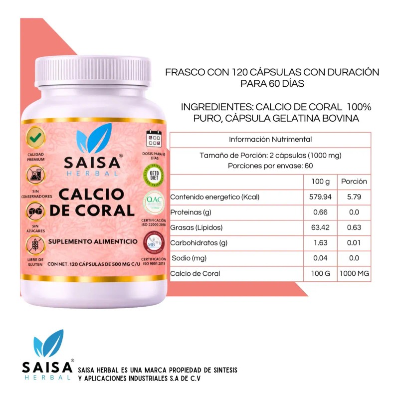Calcio Coral 100 Puro 120 Cápsulas Salud Ósea Dientes Fuertes