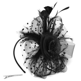 Jieddey Fascinator Hat, Vintage Veil Mesh Headband Women Black Saucer Sinamay Headband Church Hair Accessories Wedding Ascot Hat Hatinator Bird Cage Veil Feather Mesh Face for Tea Party