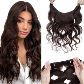 Benehair Miracle Wire Extension for Women Real Human Hair Wavy Hairpieces with Invisible Secret Fish Line Adjustable Wire Replacement Dark Brown Hair Extension 22inch for Thinning Hair #2