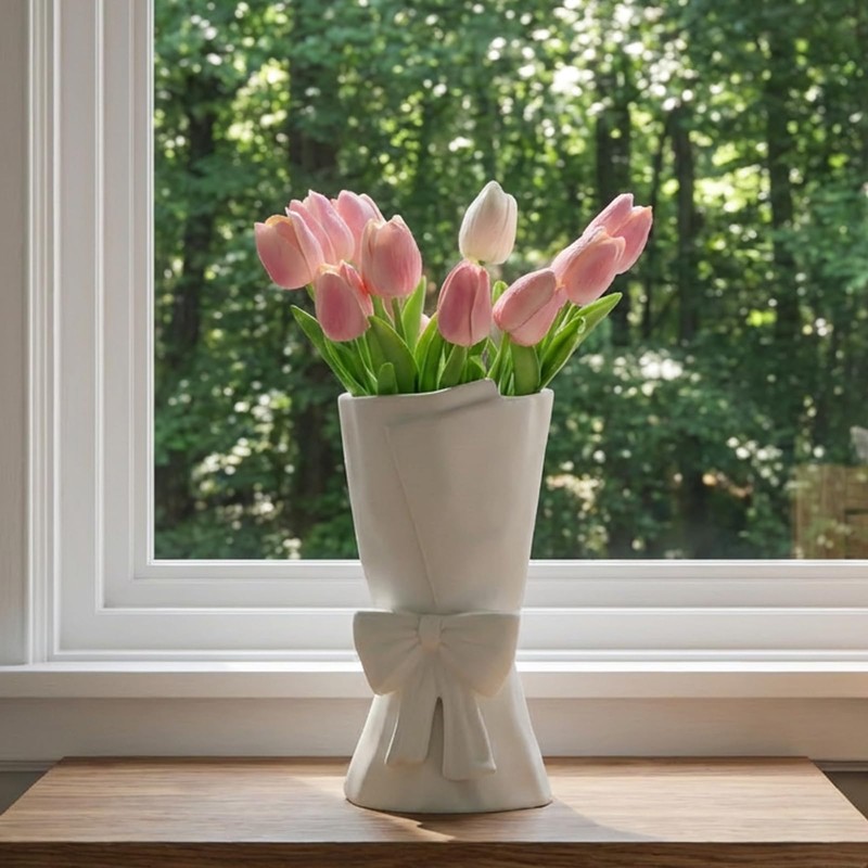 Relexome White Ceramic Bow Vase Unique Cute Decorative Bouquet Flower