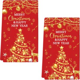 Merry Christmas Hand Towels Set of 2, Xmas Tree Kitchen Dish Towels Red Gold Decorative Christmas Happy New Year Holiday Hand Drying Cloths for Bathroom Home Hotel Gym Spa Yoga 18"x26"