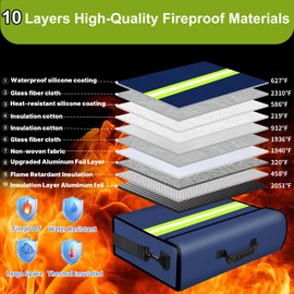 Fireproof Money Bags with Lock-6500°F Fireproof Document Box,10 Layers Insulation Materials&Waterproof Zipper,Removable Folder Layers/Wallet,Reflective Strip for Cash,Valuables(14.2”x 9.6”x 4.1”)