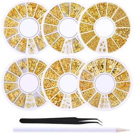 WOKOTO 6 Boxes Gold Metal Nail Studs Rose Star Moon Feather Nail Charm Kit 3D Nail Art Jewelry Decoration With 1Pc Tweezers And Picker Pencil