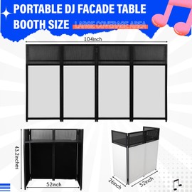 Portable DJ Facade Booth,52"L X 26"W DJ Facade with White & Black Scrim,Foldable DJ Table Station with Adjustable Feet for Party, Black Metal Frame