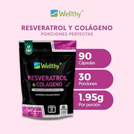 Wellthy Resveratrol y Colágeno Cápsulas.1350mg de Colageno Hidrolizado, 600mg de Resveratrol. Vcaps Cápsulas Veganas, Gluten Free, Sugar Free, Bottle Free.