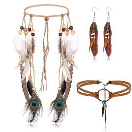 Johiux 3 Stück Hippie Schmuck,Feder Kopfschmuck,60er 70er 80er Jahre Bekleidung Damen,Vintage Boho Hippie Schmuck mit Stirnband Halskette,2 Ohrring,Tribal Kopfschmuck im Stil der Amerikanischen Ureinwohner