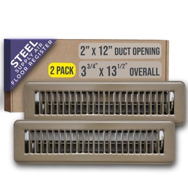 [2 Pack] Fits 2x12 and 12x2 Duct Opening | Floor Register with Louvered Design by Handua | Heavy Duty Walkable Design with Damper | Floor Vent Grille | Easy to Adjust Air Supply Lever | Brown