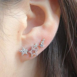 Longfu - arete de joyería de moda con cristales chapados en oro/plata, curvados y estrellas de vid con diamantes de imitación de circonita cúbica y estrellas escaladoras (plata).., Diamante de