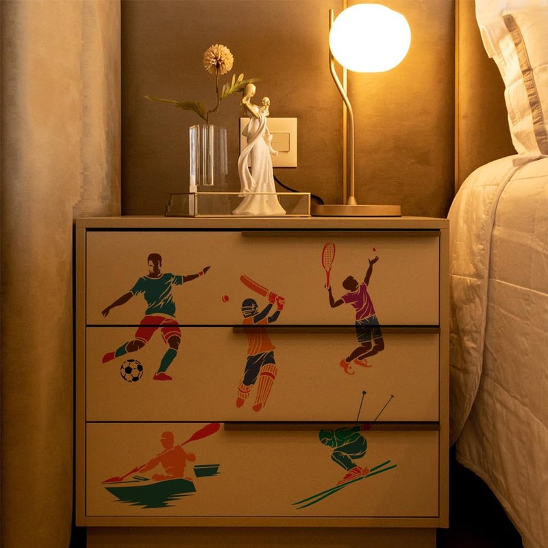 FINGERINSPIRE 12PCS Sport Athlete Painting Stencils with Bamboo Brush Reusable