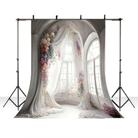 AIBIIN 5x7ft White Window Curtain Photography Backdrop Arch Wall Flower Background Pregnant Women Wedding Birthday Portrait Decor Studio Photo Supplies