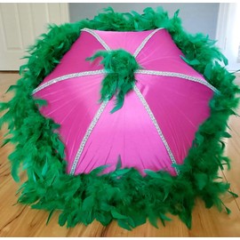 New Orleans Pink and Green Sorority Second Line Umbrella- Dark Pink Parasol, Green Feathers, Silver Sequin Spine Trim