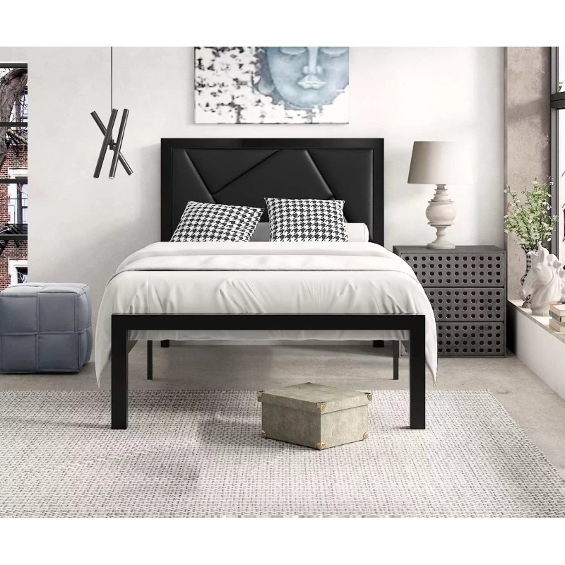 Lov4ever Metal Bed Frame with Geometric Litchi Grain Leather Headboard,