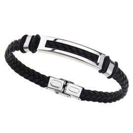 OTOTEC 21cm Black Stainless Steel Braided Leather Bracelet Non Magnetic for Men and Women 8.27 Inch Faux Leather, Faux Leather Leather