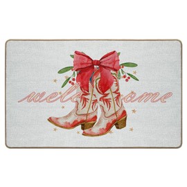 CIOJUNE Christmas Welcome Mat, Christmas Red Bow Cowgirl Boots Door Mat Outside, Christmas Outdoor Mat for Front Door Porch, Western Bath Mat, Christmas Front Door Mat, 17x30 Inches