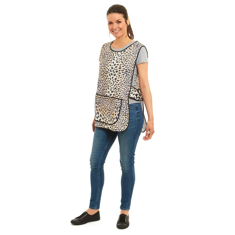 Ladies Leopard Design With Piping Tabard Apron Overalls Front Pocket