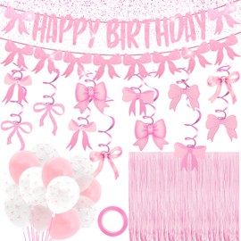 Pink Bow Birthday Party Decorations, Pink Coquette Girl Party Supplies Includes Banner,Pink Foil Fringe Streamers, Bow Foil Balloons,Latex Ballonns for Baby Shower Bachelorette Party Decor