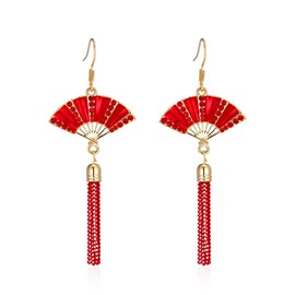 Solighter Retro Rhinestone Red Fan Tassel Earrings for Women Chinese New Years Fan Dangle Drop Earrings Jewelry (Red)