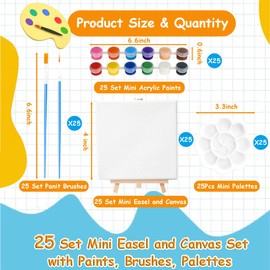 25 Set Mini Canvas and Easel Set, 4 x 4 Inch Mini Canvases for Painting with Mini Wood Easels + Acrylic Paints + Brushes + Palettes, Paint Party Supplies Mini Canvases Painting Kit for Kids