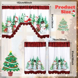 Frienda Christmas Kitchen Curtains Window Curtains and Valance Set Snowman Christmas Tree Buffalo Plaid Christmas Curtains Swag for Bedroom Living Room, 60 x 36 Valance, 36 x 30 Tier (Black, Red,)