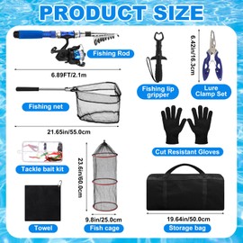 LaRandom 51 Pcs Fishing Pole Combo 6.89ft Telescopic Rods Set Collapsible Fishing Rods with Plier Lip Gripper Lures Carrier Bag Pre Loaded Spinning Reel with Freshwater Rod and Reel Combos Kit(Blue)