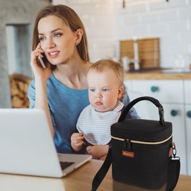 Mancro Insulated Baby Bottle Cooler Bag with Ice Pack, Breastmilk Storage Tote Fits 6 x 9oz Bottles, Waterproof Bottle Bag Companion for Breastfeeding Moms，Cream & Light Brown