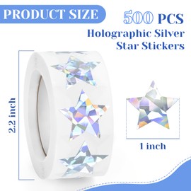 500 PCS Holographic Silver Star Stickers, 1 inch Self Adhesive Metallic Glitter Foil Stickers Sparkly Star Sticker Reward Behavior Chart Labels for Kids Students Teachers Supplies