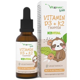 vit4ever Vitamin D3 + K2 Drops Children - 300 Drops - 500 IU - K2VITAL | 25 μg vitamin K2, 99.7% All-Trans MK-7, MCT oil, 1 drop daily, laboratory tested