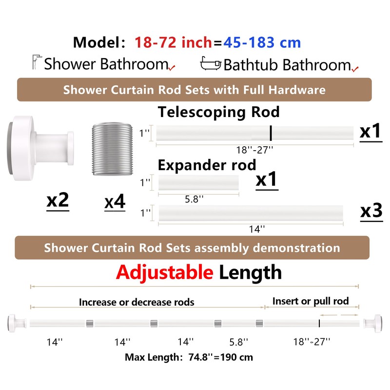 White Shower Curtain Rod with 12 Hooks, 18-72 Inches,Rust Resistance,