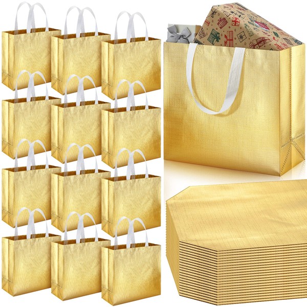 64 Packs Gold Reusable Grocery Bags Shopping Tote Bag with Handle Glossy Wedding Christmas Gift Bag Large Gift Bags Non Woven Wrap Present Bag for Xmas Wedding Birthday Party, 12.7 x 11.1 x 4.7 Inch