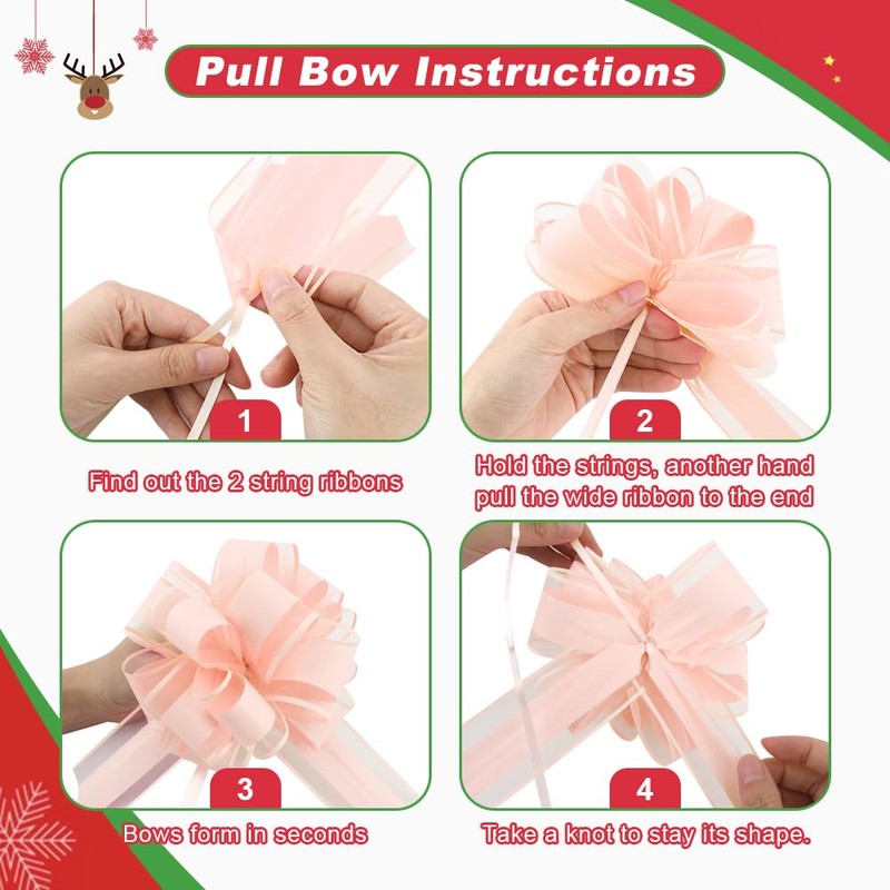 Large Pull Bows, 6 Inches Pink Christmas Bows, 8 PCS