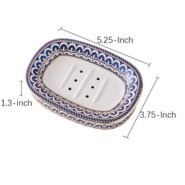 KiaoTime Soap Dish for Bathroom Shower, Ceramic Blue Bar Soap Holder with Drainer, Large Sized Face Body Bar Soap Dish Tray Container for bathroom, Kitchen Bathtub Sink Counter