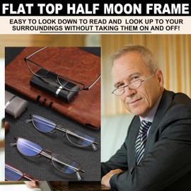 TOVEEN 3 PCS Folding Half Frame Reading Glasses Blue Light UV Blocking, Compact Semi-moon Readers with Portable Cases for Men Women Black/Gunmetal/Brown +1.0