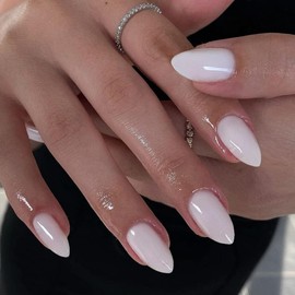 White Nails Press on, Milky White Press on Nails Short Almond Shaped, SXVME Natural Glue on Nails Short Fake Nails, Best Thick Acrylic False Nails, Glossy Solid Colored Stick on Nails for Women 30Pcs
