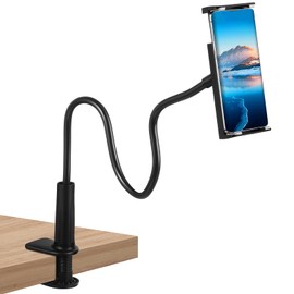 Kanayu Phone Stand for Desk, Gooseneck Cell Phone Holder Flexible Lazy Long Arm Phone Mount Universal 360 Degree Adjustable Phone Clamp Clip for Table, Bedside Accessories (Black,Flat)